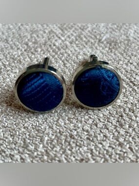Silvertone Navy Blue Fabric Round Cuff Links Men’s Professional Wedding Work